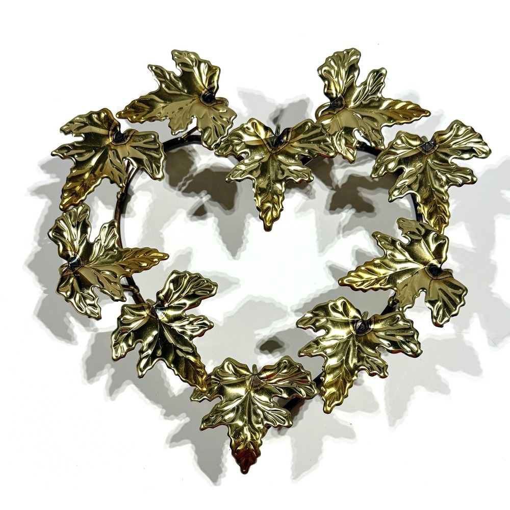 VTG‎ Brass Maple Leaf Heart Wall Hanging Decor MCM Gold Metal Autumn Leaves 11"